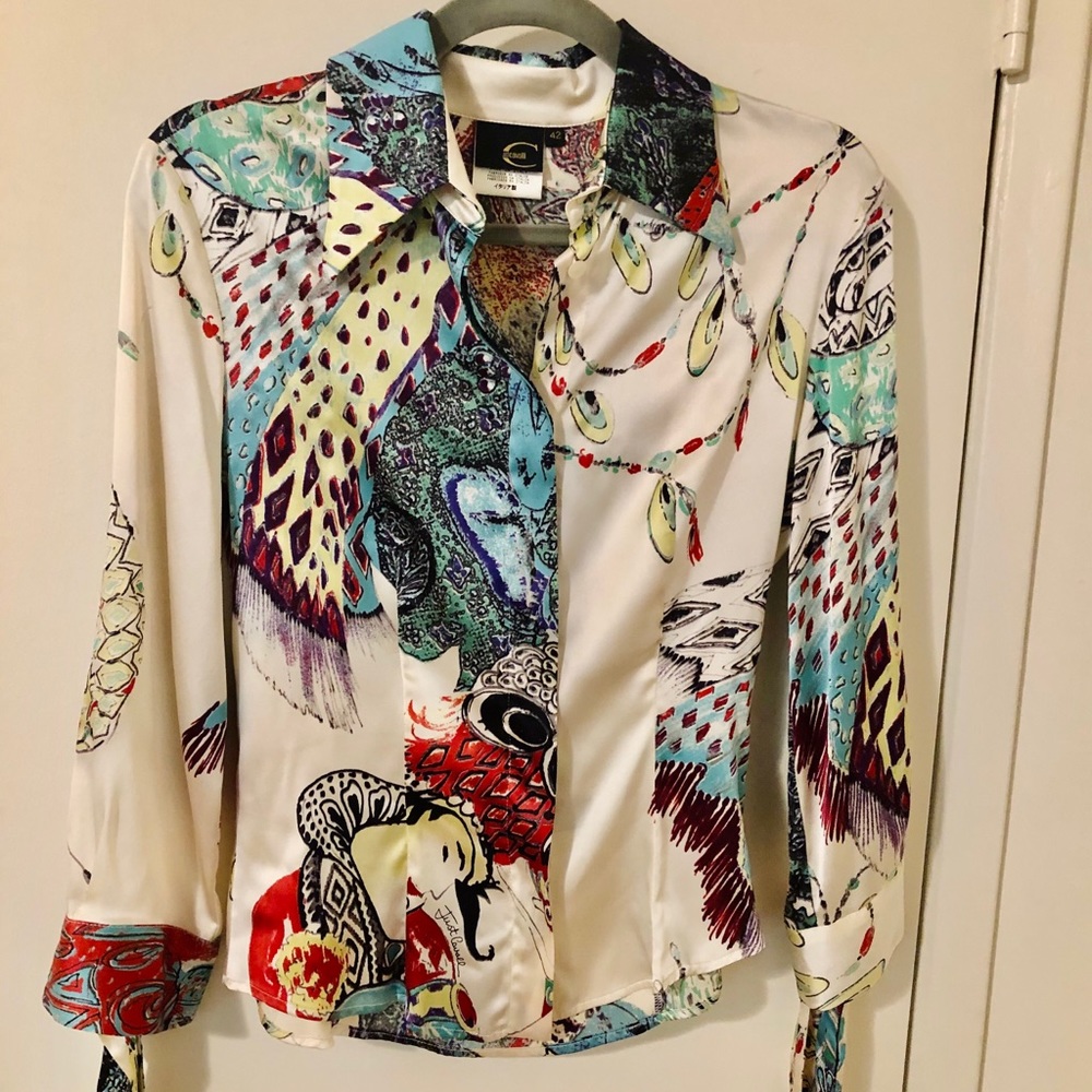 ❤️Just Cavalli Stretch Silk Top, with Sleeve Ties